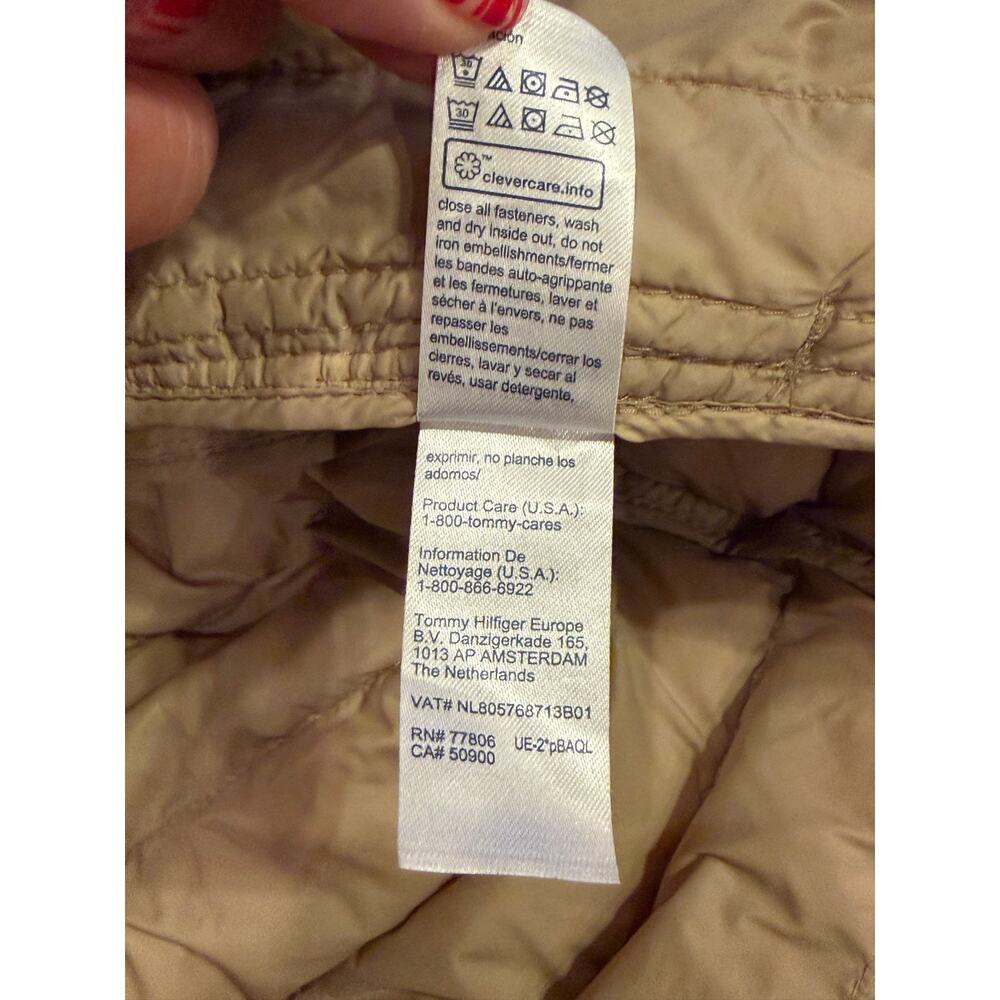 Tommy Hilfiger Lightweight Hooded Puffer Jacket Beige Tan Hood Striped Trim S - Picture 13 of 14